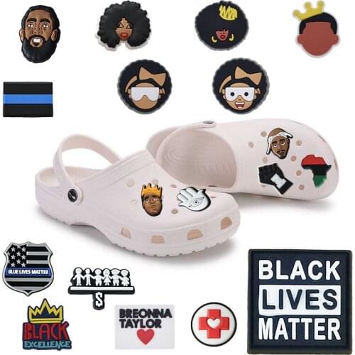 Wholesale 100PCS JIBZ PVC Croc Shoe Charms Black Live Matter Shoe Button Accessories Buckle Decorations DIY JIBZ Charm