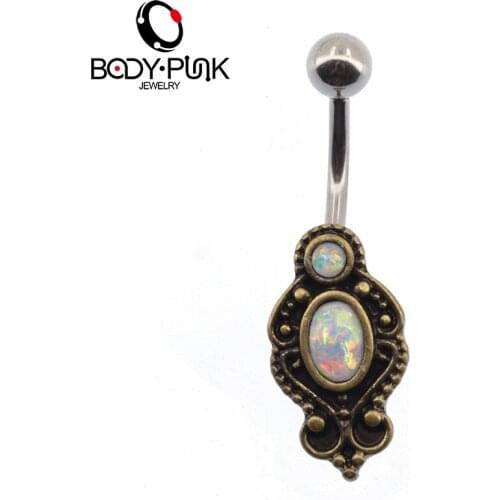 BODY PUNK White Opal 316L Stainless Steel Navel Rings Burnished Belly Button Rings Body Piercing Jewelry NR 113