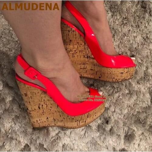 ALMUDENA Cork Platform Wedges Dress Shoes Slingback Buckle Strap Wooden Pattern Gladiator Nightclub Shoes Patent Leather Heels