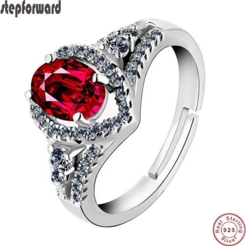High Quality Luxurious CZ Paved Temperament 925 Sterling Silver Red Stone Adjustable Female Ring