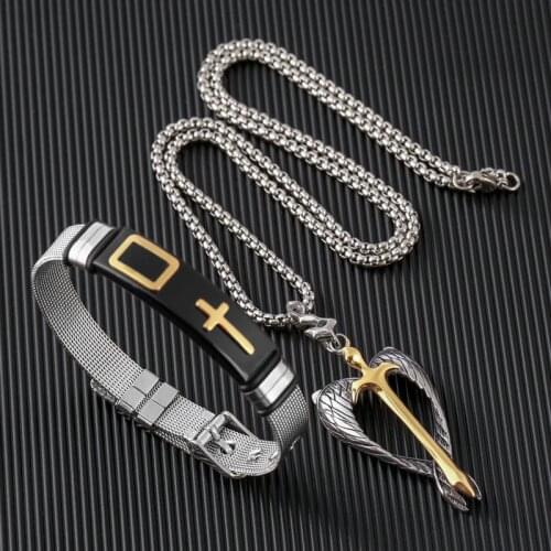 WENDYFO New Stainless Steel Wings Cross Necklace Pendant For Men Women Charm Jewelry Gift