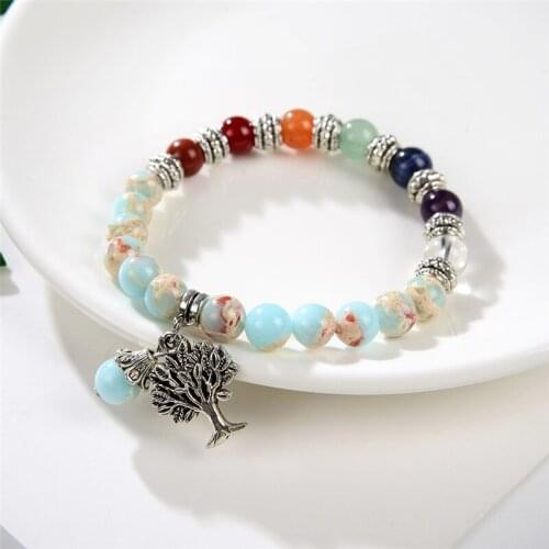Boho Women Bracelet 8mm Imperial Japsers Charms Elastic Natural Stone 7 Chakra Energy Bracelets Yoga Jewelry Wholesale 18cm B407