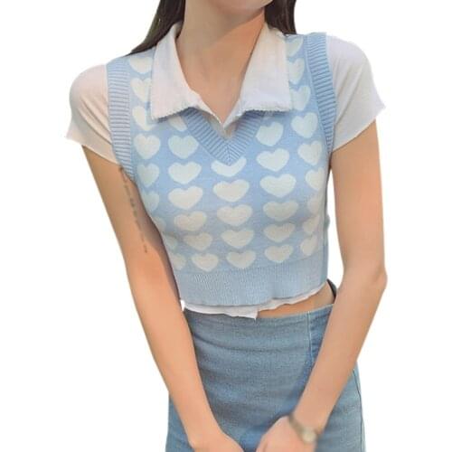 Sweet Unloving Hot Girl Knitted Vest Sweaters Female Summer Retro Korean Style Outer Wear Sleeveless Waistcoat