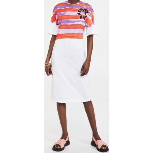 Women Mini Dress Flower Stripes Print Cotton T Shirt Dress Back Lace-Up 2021 Summer Short Sleeve Ladies Casual Knee-Length Dress