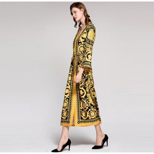 Leopard Vintage Runway Print 2021 Spring Fashion Full Sleeves Belt V Neck Ethnic Muslim Printed Slim Long Loose Dress