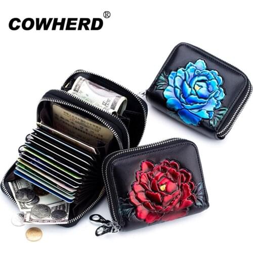 2020 New Arrival Double Zipper Organ Card Holder RFID Multi-card Card Bag Fashion Rose Painted Multi-function Coin Change Pocket