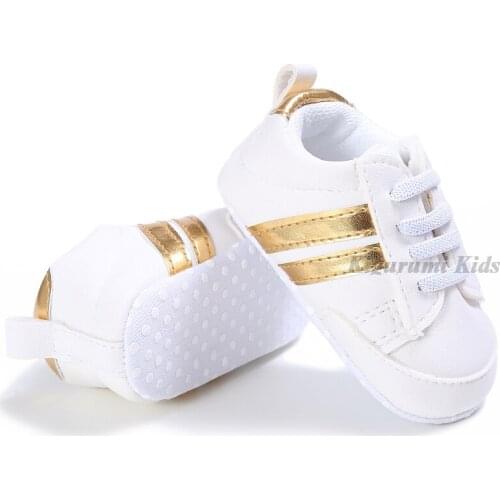 2021 Fashion White Gold Striped Baby Shoes Pu Soft Sole Newborn Baby Boy Girl Shoes Lace Up Anti-Slip Toddler First Walker Shoes