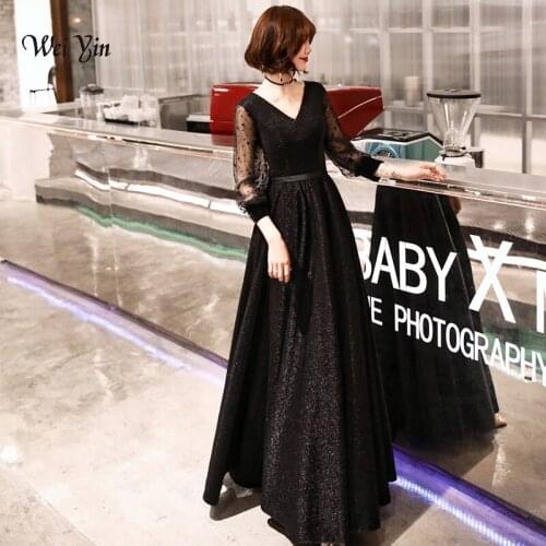 Weiyin Robe De Soiree Glitter Shiny Evening Dress Full Sleeves Black Evening Party Floor Length V Neck Formal Long Evening Dress