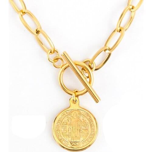 Stainless Steel Saint Benedict Medal Toggle Necklace Gold/Silver Color Metal San Benito Medalla Chunky Heavy Duty Chain Choker