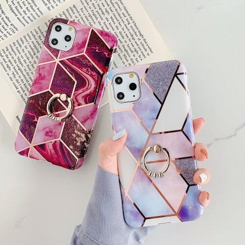 For iPhone 12 11 Pro Max Mini XS XR X 8 7 6S 6 Plus Case FingerRing Grid Marble IMD Shockproof Glossy Holder Soft Cover Funda