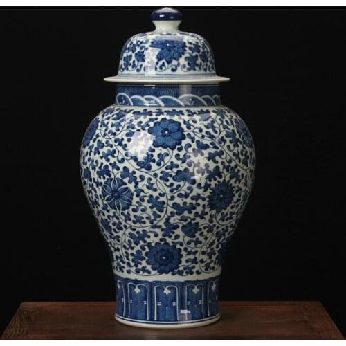 Jingdezhen Ceramic Vase High Grade Antique Hand Drawn Lotus Root And Blue And White Flowers Large Home Furnishing temple jar