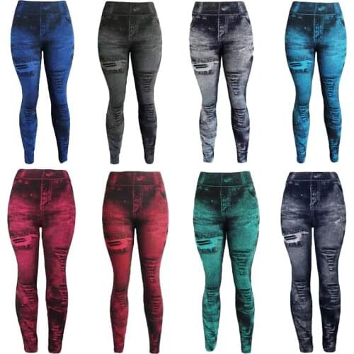 Summer Thin Sexy Pants Jacquard Knitted Jean Leggings Women Slim Imitation Denim Leggins Casual Seamless Legging