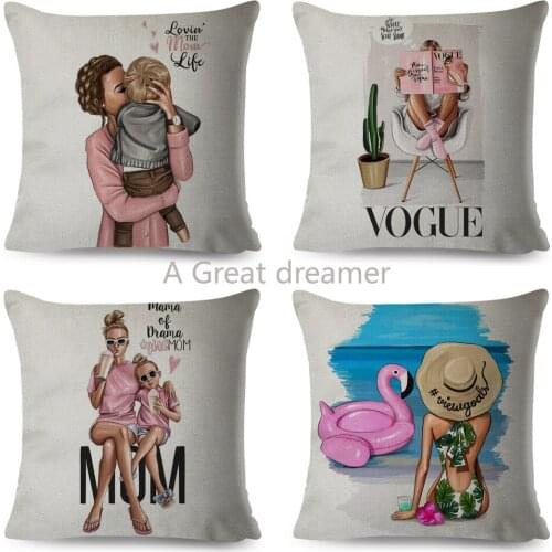 Fashion Cartoon Cushion Cover Linen Decor Mom And Baby Pillow Case For Sofa Home Girls Pillowcase 45*45cm Family Gift Wholesale