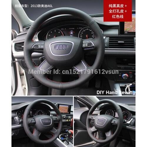 For Audi A6l 2013 High Quality Hand-stitched Anti-Slip Black Leather Red Thread DIY Steering Wheel Cover