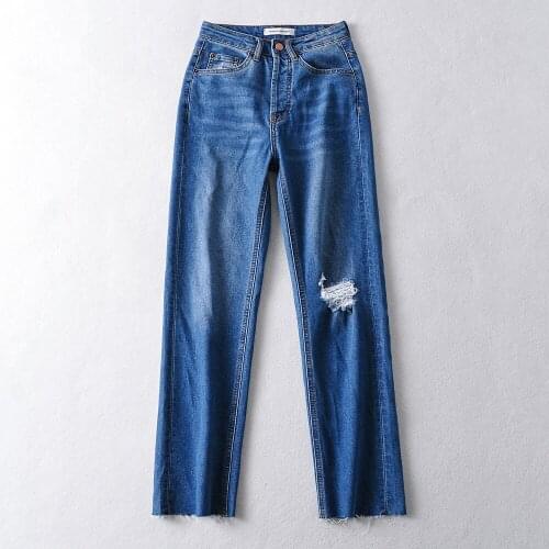 2021 New Fashion Elastic High-Waist Hole Rough Selvedge Button Fly Full Length Jeans