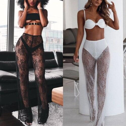 Sexy Womens Lace Bikini Cover Up Trousers Perspective Mesh Sheer Beach Long Pants Swimwear High Waist Beachwear Pants