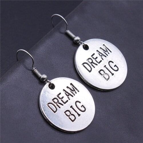 Vintage Antique Silver Color 25x25mm Dream Big Round Plate Charms Dangle Earrings Drop Earrings For Women