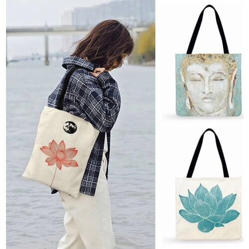 Lotus And Buddha Chinese Zen Print Tote Bag For Women Casual Outdoor Beach Bags Ladies Shoulder Bag Foldable Shopping Bag