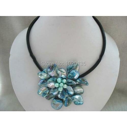 WOW! sky blue baroque shell flower necklace and freshwater pearl 40mm 18inch gift wholesale beads FPPJ