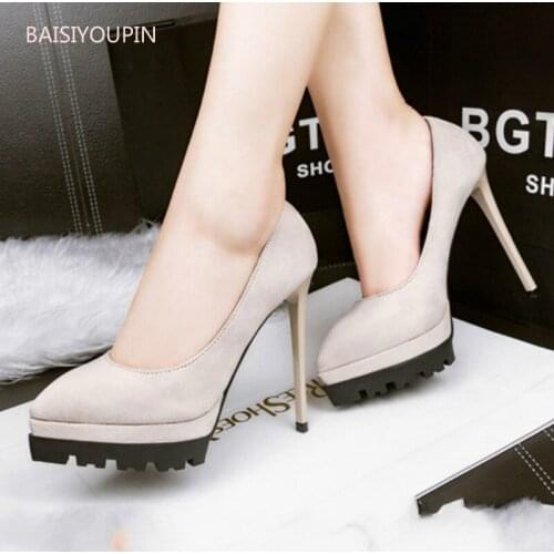 High-quality Fashion Four Seasons Solid Women Shoes Flock Platform(3.5cm) Pointed Toe Office 12cm High Heels Female Pumps Shoes