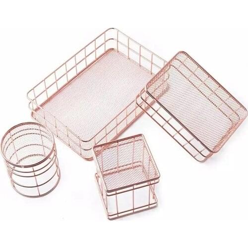 Rose Gold Iron Art Nordic Makeup Organizer Basket Eyeliner Brush Set Storage Cup Dressing Table Makeup Cosmetic Organizer Box