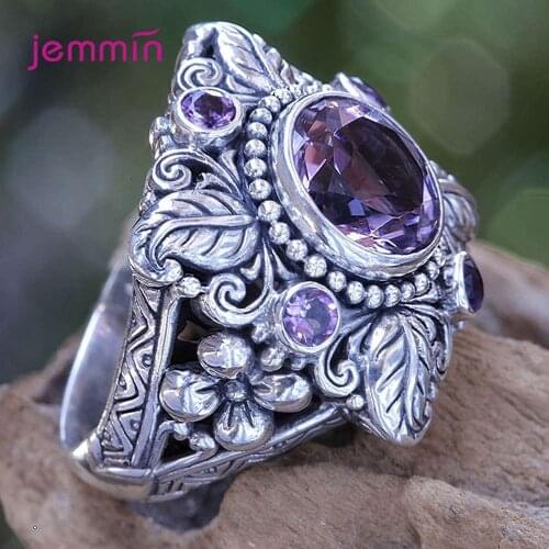 Punk Style Vintage 100% Flower 925 Sterling Silver Round Natural Amethyst Wedding Engagement Rings For Women Fine Jewelry