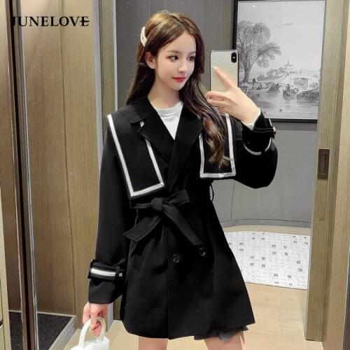 JuneLove Women Sailor Collar Trench Coat 2021 Spring Autumn Korean Belt Waist Windbreaker Outwear Preppy Style Japanese Jackets