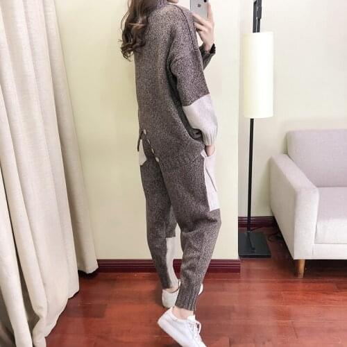 2020 Elastic Waist Casual Knitted Suit Female Autumn And Winter Fashion Hit Color Turtleneck Two-piece Women Harem Pants Tide