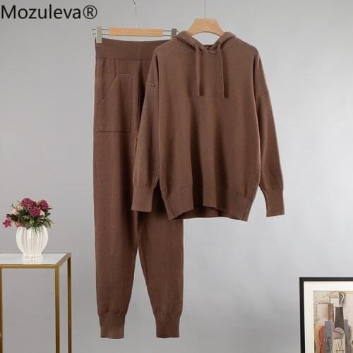 Mozuleva Women Knitted Two Piece Tracksuits Autumn Winter Cashmere Thicken Hooded Sweater and Harem Pants 2 Piece Set Outfits