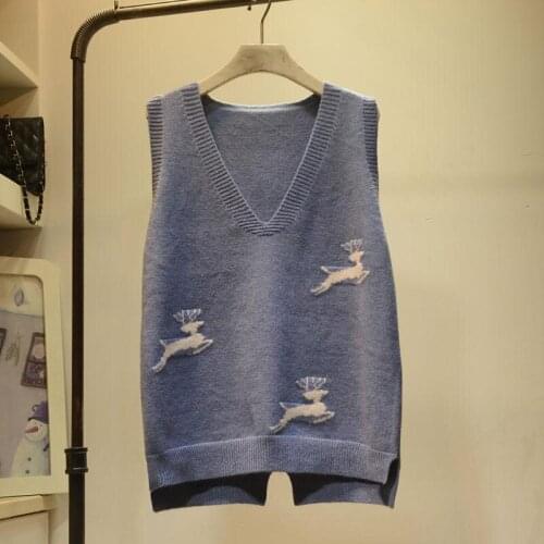 Sweater Vest Women Sleeveless V-neck Fawn Pattern Knitted Gilet Femme Cartoon Pull Tops College Style Korean Fashion Sueter New