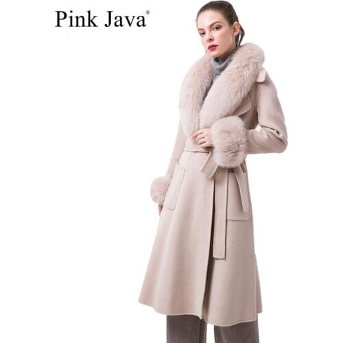 Pink Java QC20068-2 New Arrival Hot Sale Women Winter Wool Coat With Cashmere Coat Real Fox Fur Collar Real Fur Cuff