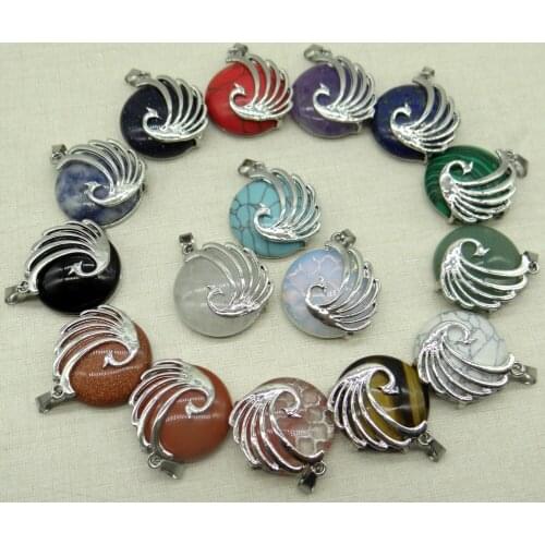 1pcs Natural Stones Opalite Quartz crystal Round Pendant Plated Phoenix Surround Pendant For Jewelry Making DIY Reiki Necklaces