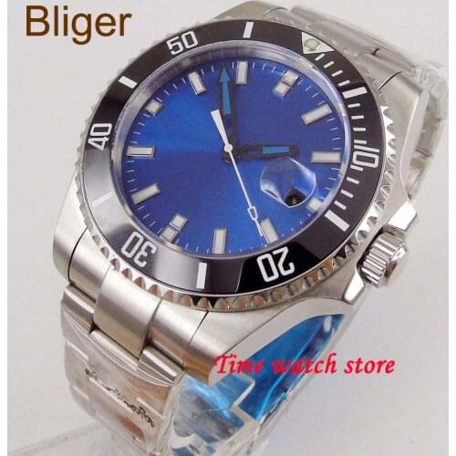 Bliger 43mm Miyota 8215 automatic watch men waterproof stainless steel blue dial black Ceramic Bezel sapphire glass