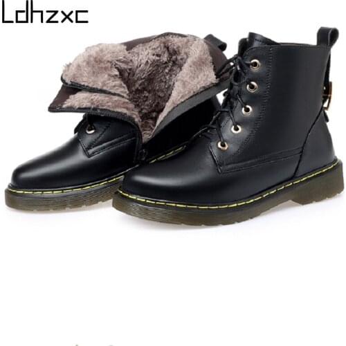 LDHZXC Womens Winter Shoes Boots 2020 New Genuine Leather Ladies Short Boots Wool Warm Non-slip Student Womens Ankle Boots