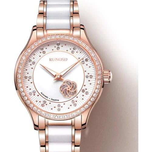 RUNOSD Rose gold ladies watch rotating petal zircon dial fashion miyota mechanical movement ceramic sapphire stainless steel