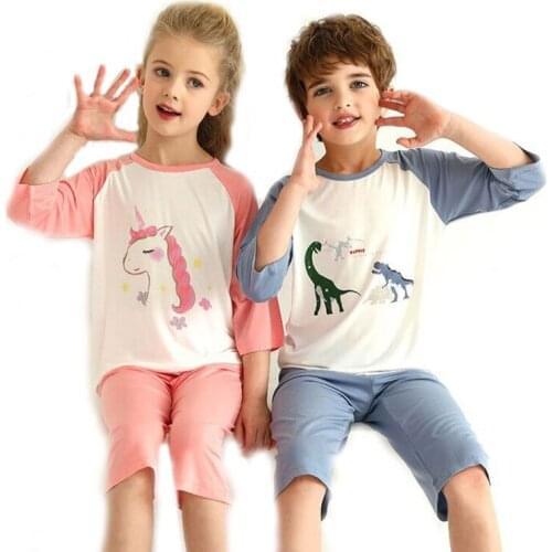 Teens Boys Pajama Sets Summer Cartoon Unicorn Dinosaur Childrens Short Sleeve Homewear Suits Girls Baby Thin Pajamas Clothing