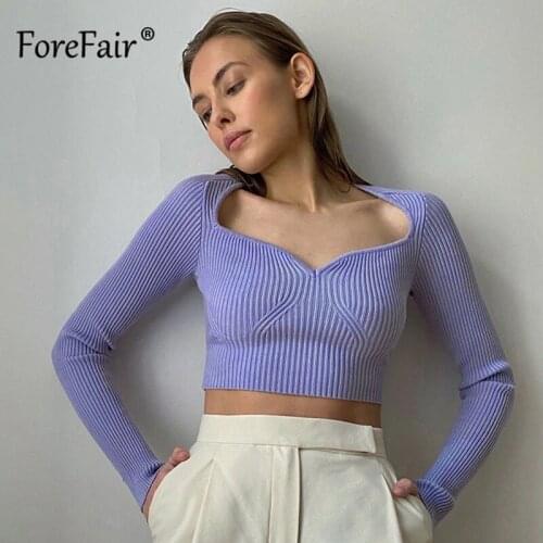 Forefair Knitted Y2k V Neck Sexy Long Sleeve Slim Women Sweater 2021 Autumn Female Fashion Basic Casual Skinny Corset Tops