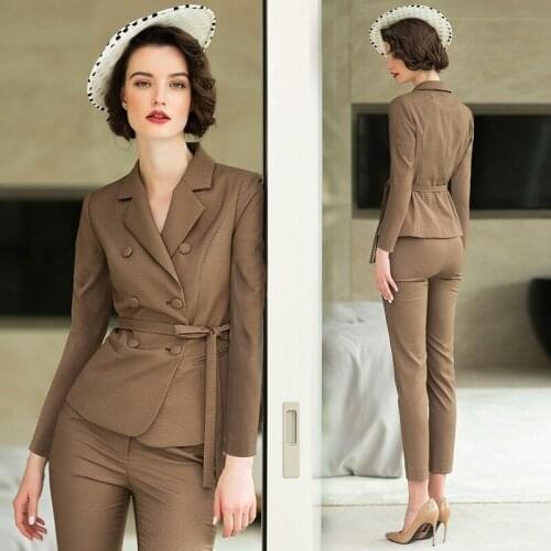 France Style Women Suits Custom Made Double Breasted Blazer With Belt Pencil Pants Vintage Slim Fit Office Lady Jacket