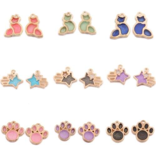 GraceAngie 10pcs Glitter Alloy Enamel Charms Cute Cat Star Paw Shape Gold Tone Pendant For Women Bracelet Earrings Making