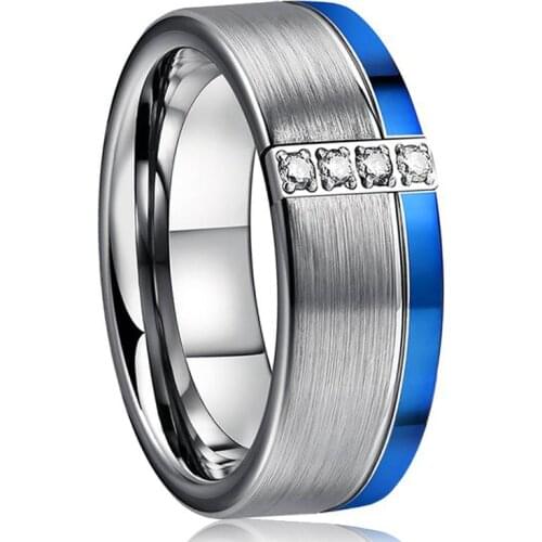 Customize Tungsten Rings for Men Blue Crystal Wedding Bands Two Tone 3 CZ Stone Promise Marriage Jewelry - No Stock