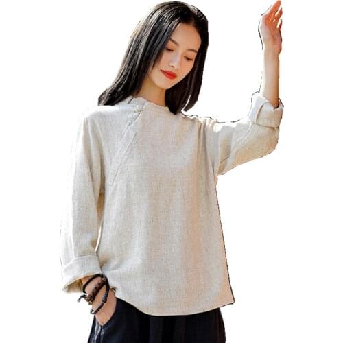 Shanghai Story Summer Linen Tops Chinese Style Long Sleeve Blouse 2 Color