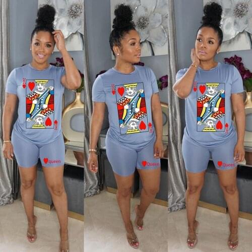 Young party hot recommend blue round neck short sleeve print top and hot shorts 2 pieces set casual lady fashion tracksuits