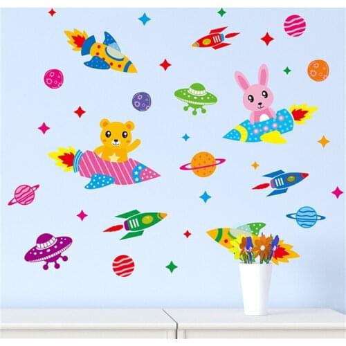 Space astronaut cartoon wall sticker kids room outer space planet galaxy rocket ship stickers decorative wall backgrounds diy