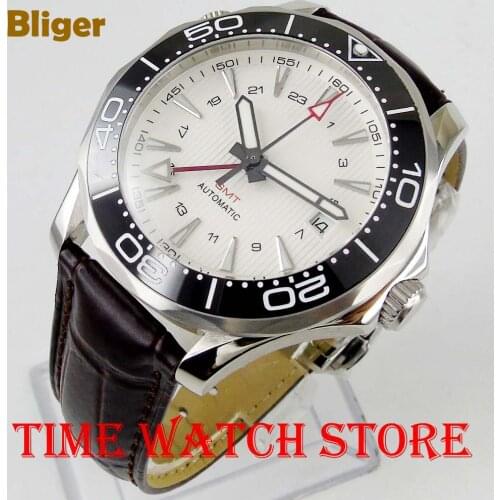 2019 New 41mm Bliger GMT Automatic watch men black Luxury mechanical waterproof white dial leather strap ceramic luminous 898