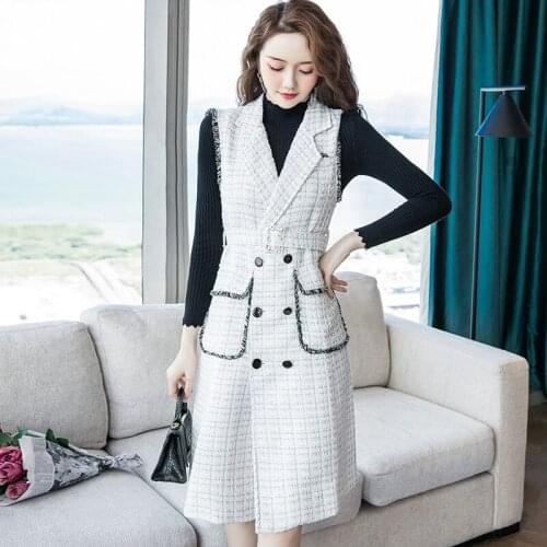 2021 Autumn And Winter Slim Outerwear & Coats Plaid Women Long Vest Double Breasted Plus Size 3xl Clothes