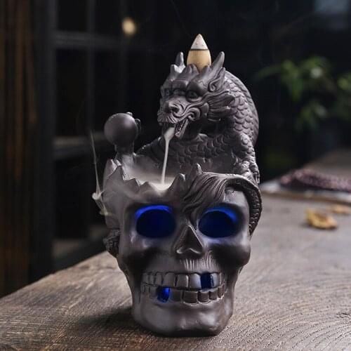 Purple Clay Craft Gifts Halloween Skull Decorations, Colorful LED Dragon Backflow Incense Burner +20 Cones, Creative Statue Gift