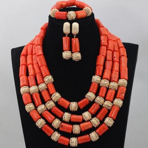 Latest Coral African Beads Necklace Set for Wedding Gold Dubai Nigerian Bridal Statement Necklace Set Free Ship QW215