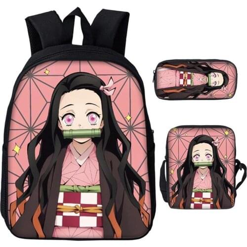 Demon Slayer: Kimetsu No Yaiba Anime Student Backpack Kamado Nezuko School Bag Backpack Satchel Pen Bag Three Sets Schoolbags