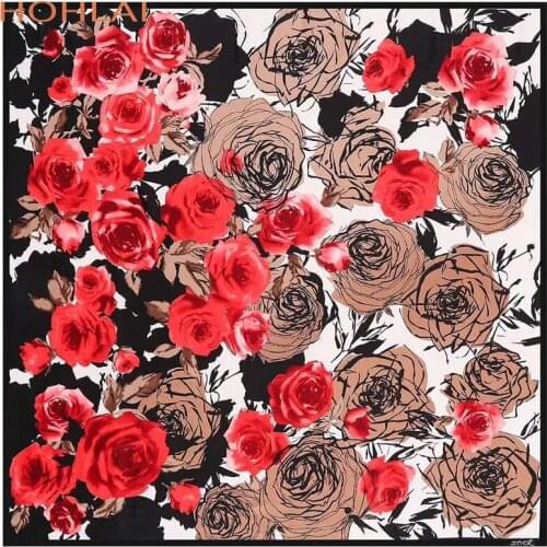 New 130cm Square Scarf Rose Print Twill 100% Silk Scarf Women Luxury Brand Scarves Kerchief For Ladies Fashion Shawl Echarpe
