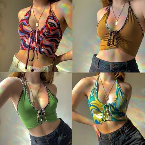 Vintage Sexy Tank Top Gothic Crop Top Ruched Tie Up Y2k Camis V Neck Halter Top Women‘s Corset Top Harajuku Blouse 90s Tie Dye